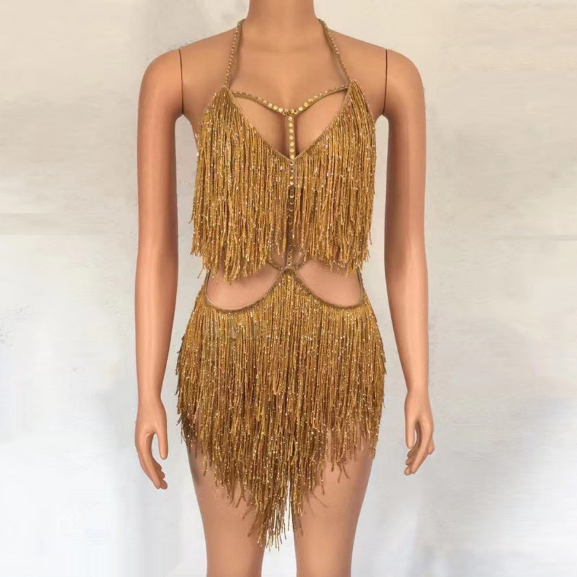 Costume Dance Tassel Halter Cut-out Jumpsuit