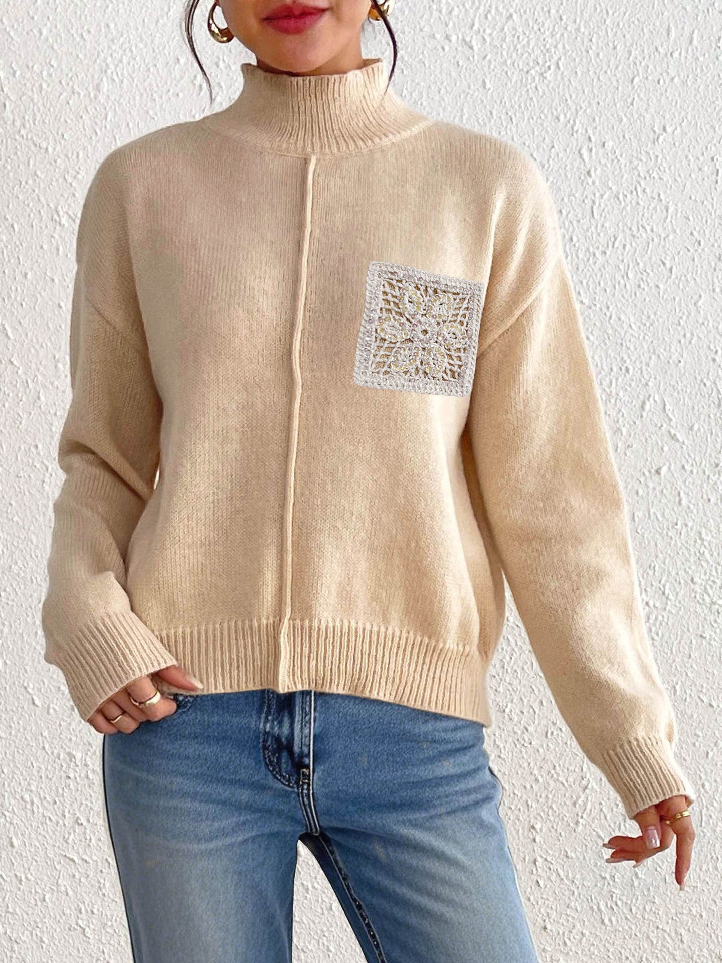 Women's Pure Color Half Collar Sequined Hollow-out Pocket Stitching Sweater