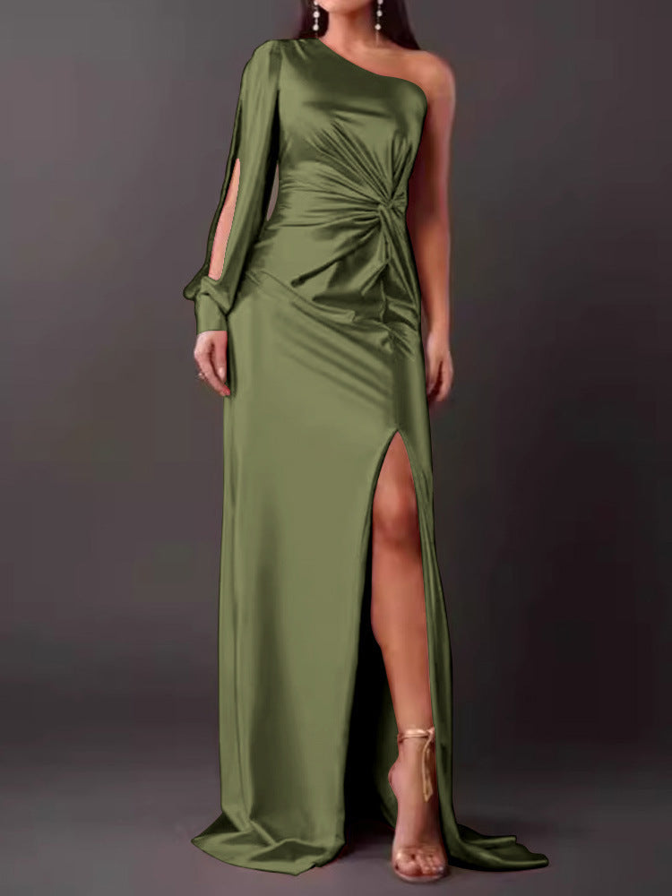 Women's Diagonal Collar Raglan Sleeve Pleated Waist Tight Split Sexy Long Dress