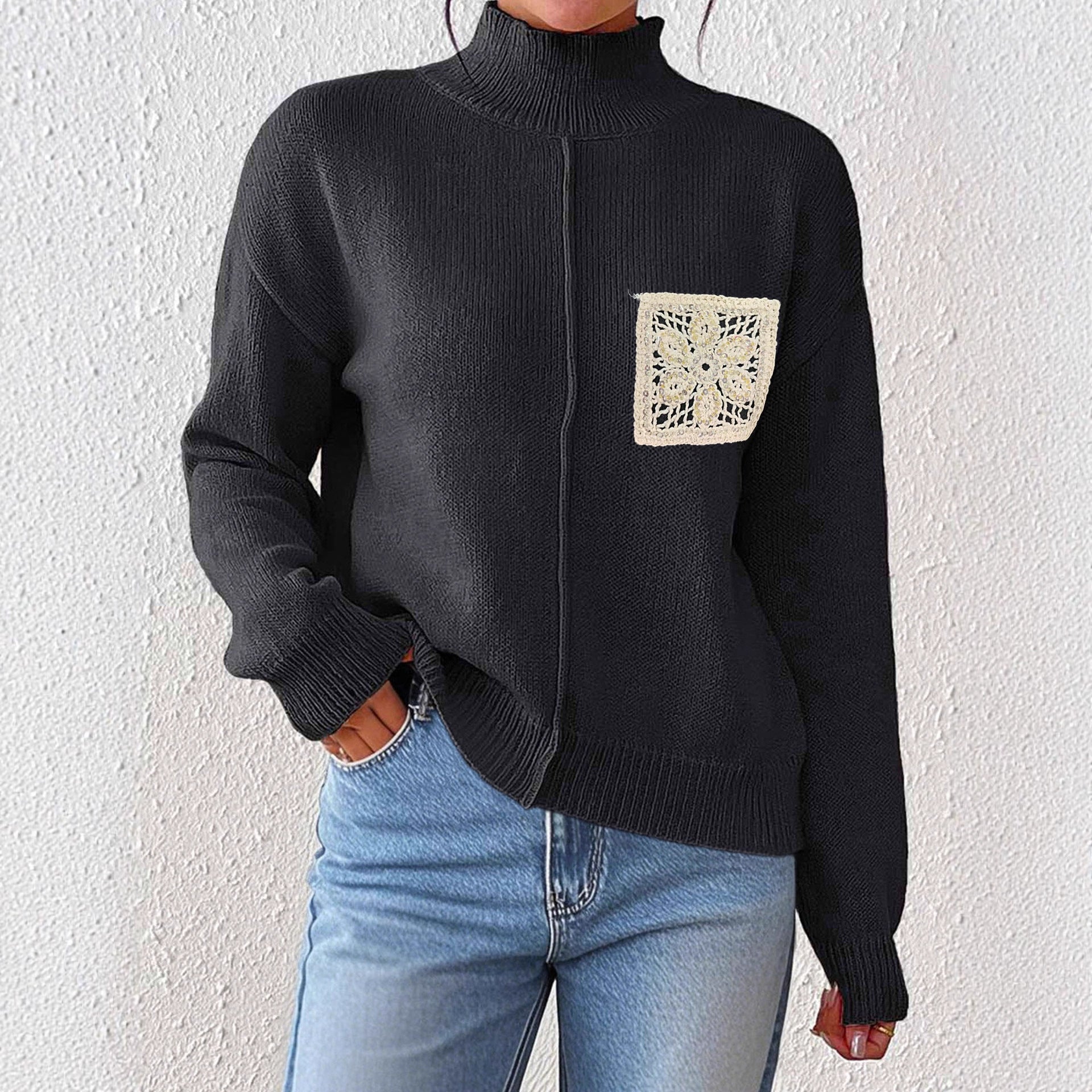 Women's Pure Color Half Collar Sequined Hollow-out Pocket Stitching Sweater