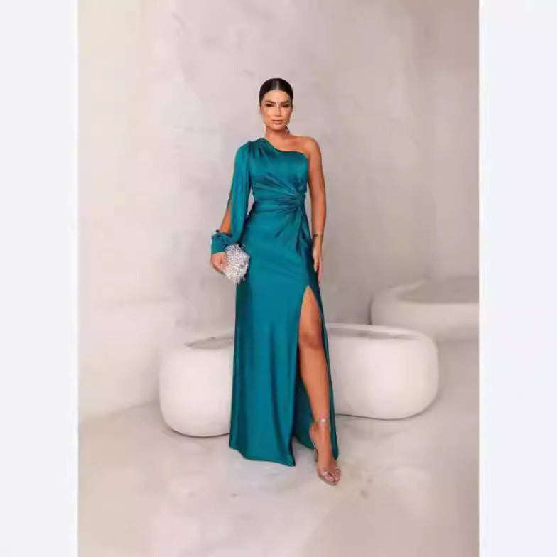 Women's Diagonal Collar Raglan Sleeve Pleated Waist Tight Split Sexy Long Dress