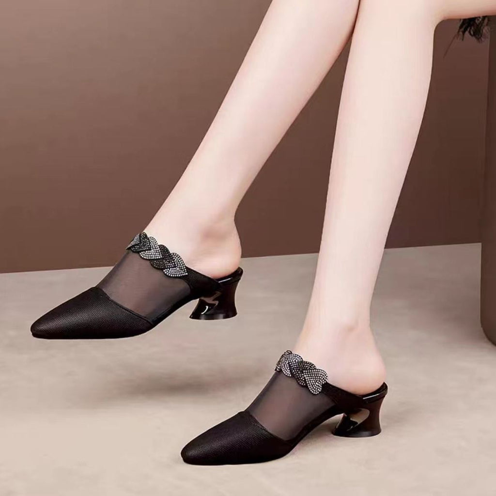 Soft Leather Mesh Closed-toe Slippers Women