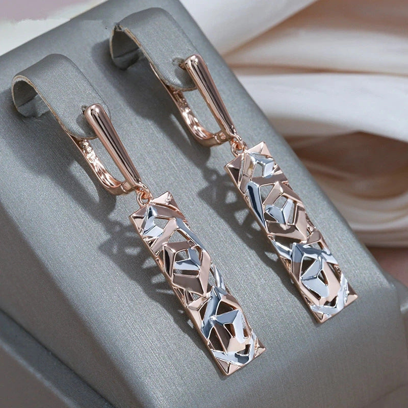 Elegant Rectangular Two-tone Hollow Stud Earrings