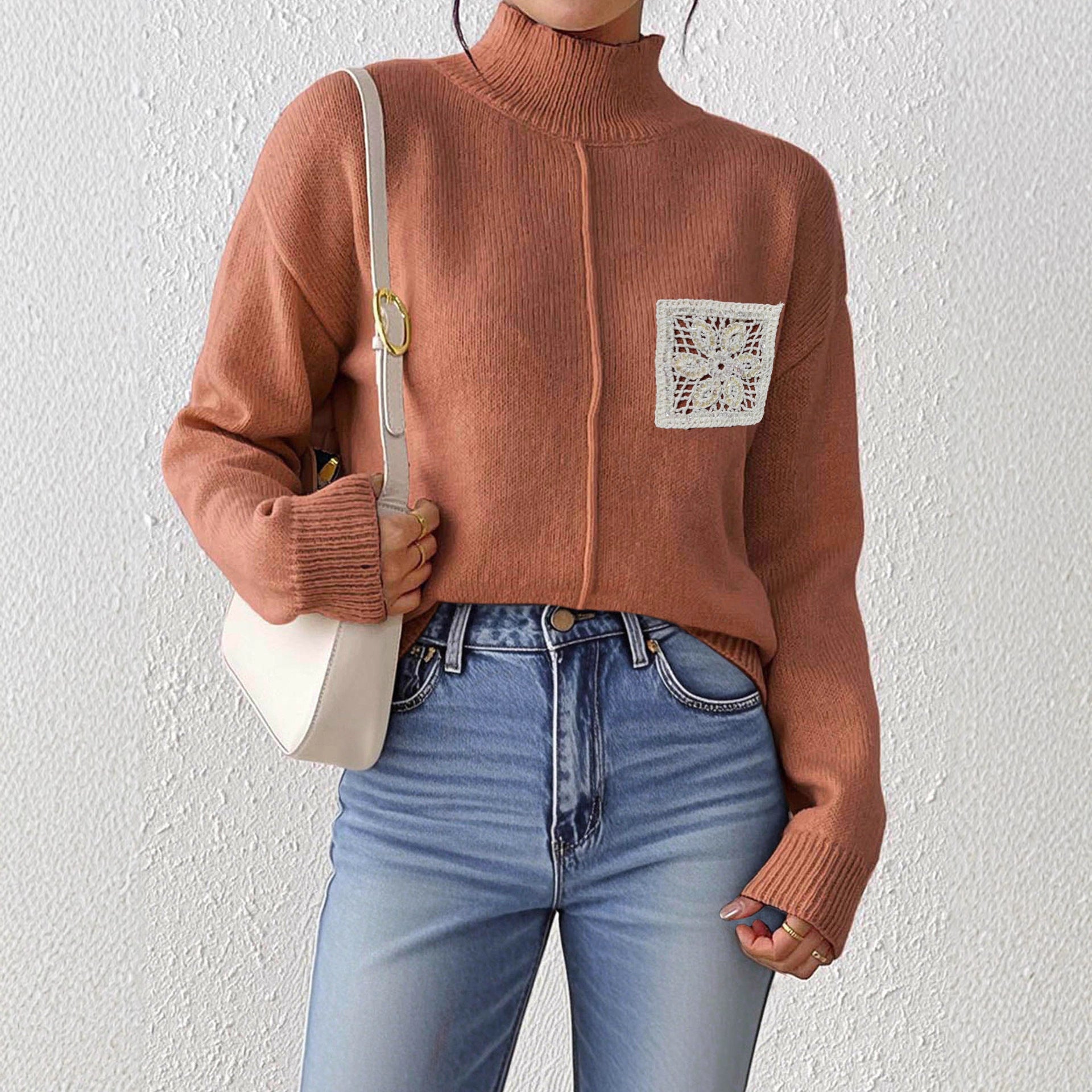 Women's Pure Color Half Collar Sequined Hollow-out Pocket Stitching Sweater