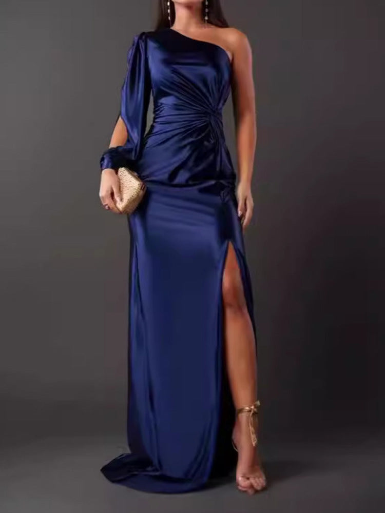 Women's Diagonal Collar Raglan Sleeve Pleated Waist Tight Split Sexy Long Dress