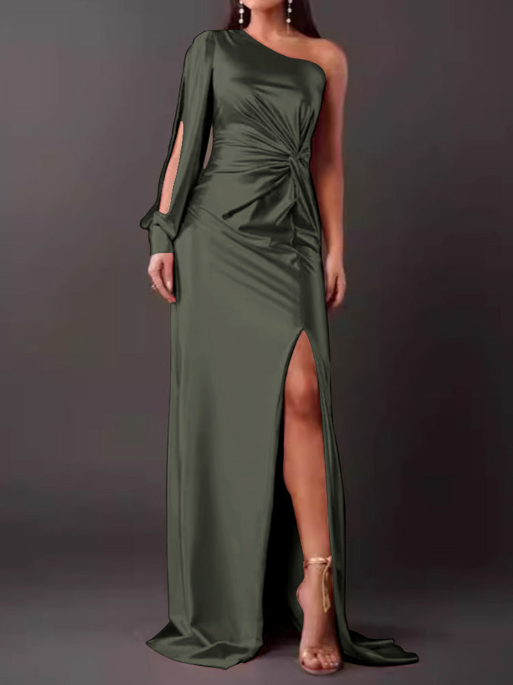 Women's Diagonal Collar Raglan Sleeve Pleated Waist Tight Split Sexy Long Dress