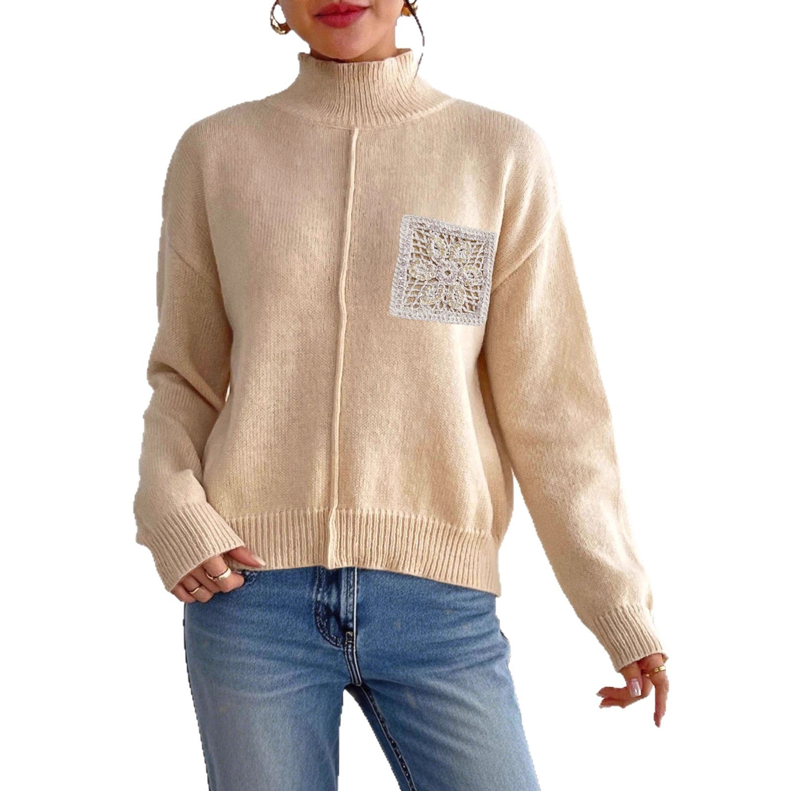 Women's Pure Color Half Collar Sequined Hollow-out Pocket Stitching Sweater