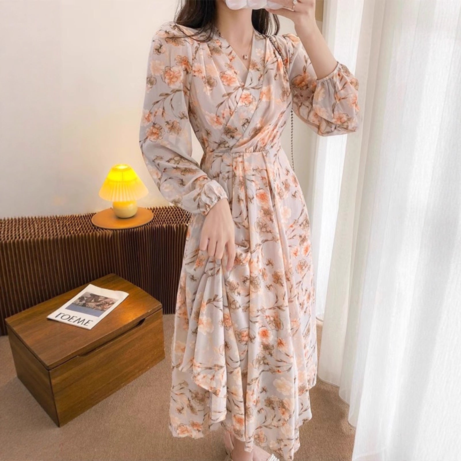 Temperament Long Sleeve V-neck French Chiffon Floral Dress