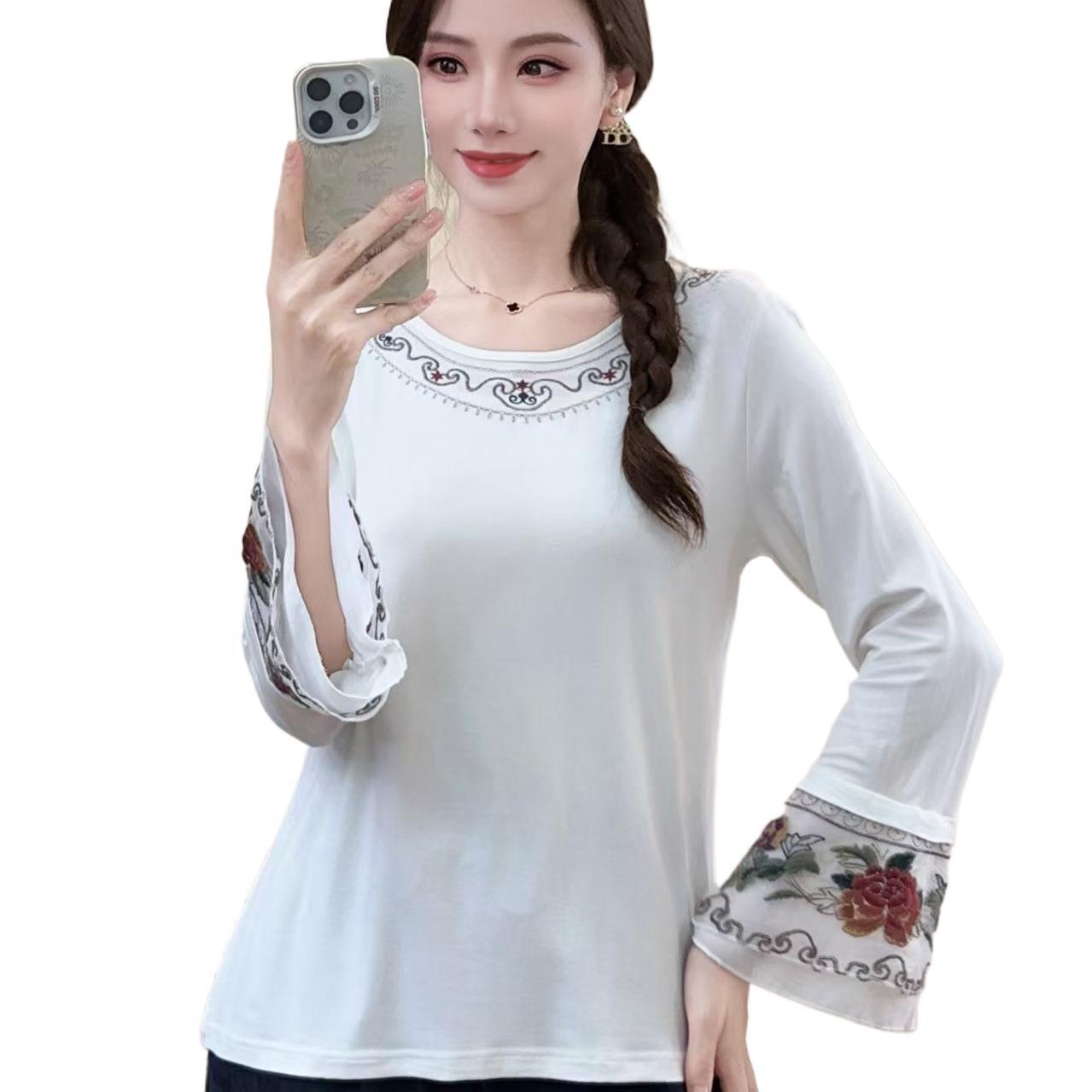 Chinese Style Embroidery Cropped Flare Sleeve Women's Base Shirt
