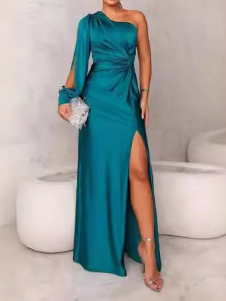 Women's Diagonal Collar Raglan Sleeve Pleated Waist Tight Split Sexy Long Dress