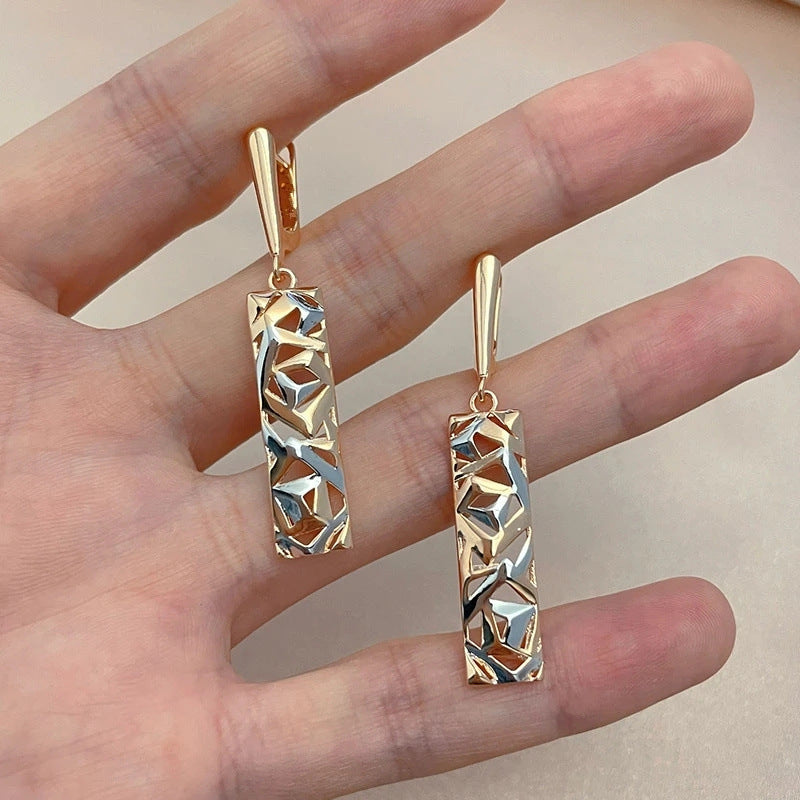 Elegant Rectangular Two-tone Hollow Stud Earrings
