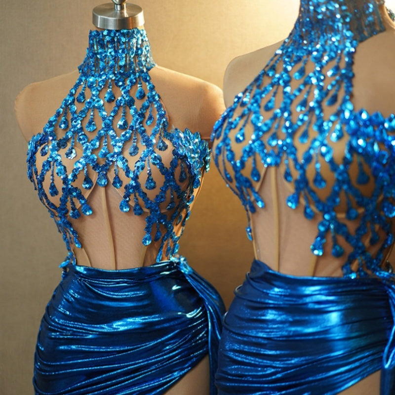 High-end Sexy Tube Top Rhinestone Chain Cinched Short Dress