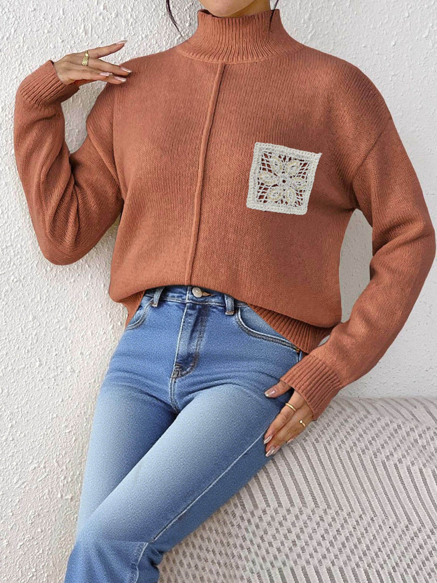 Women's Pure Color Half Collar Sequined Hollow-out Pocket Stitching Sweater
