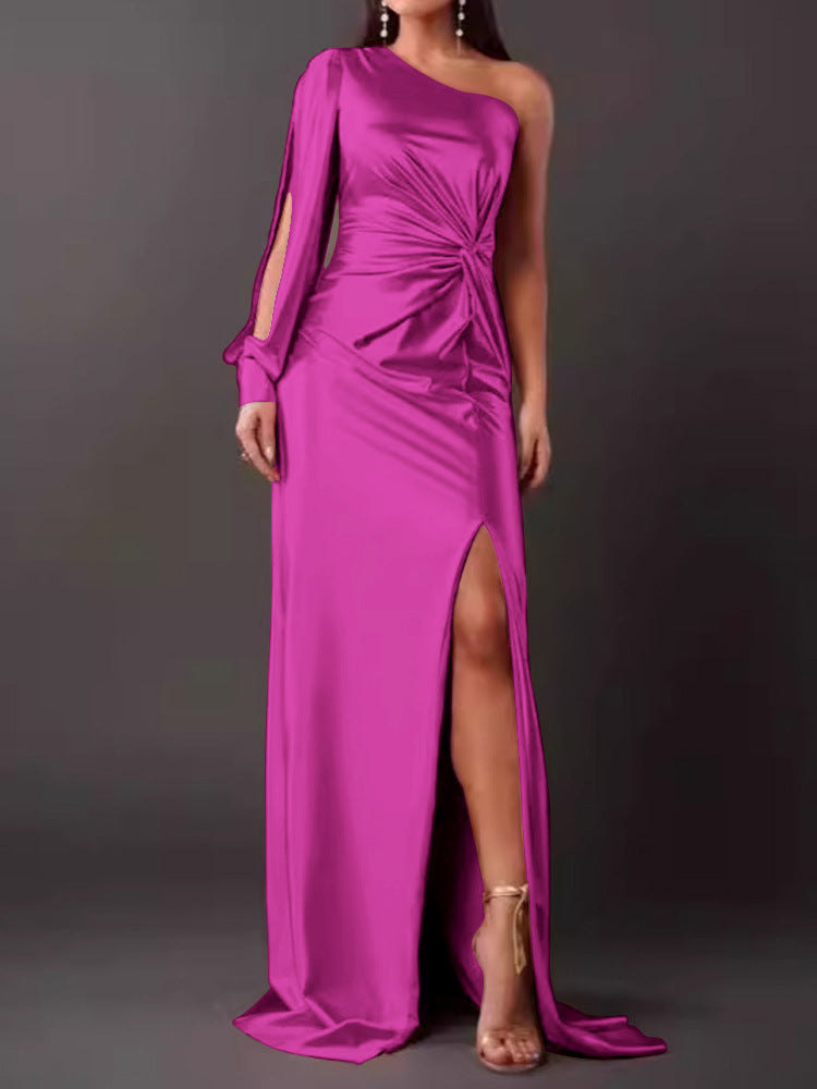 Women's Diagonal Collar Raglan Sleeve Pleated Waist Tight Split Sexy Long Dress