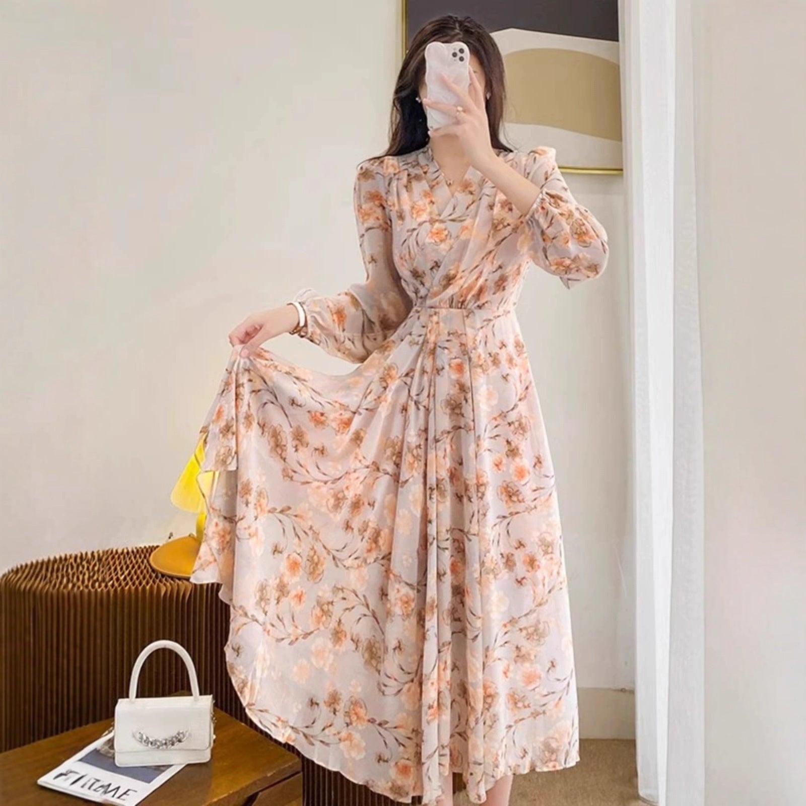 Temperament Long Sleeve V-neck French Chiffon Floral Dress