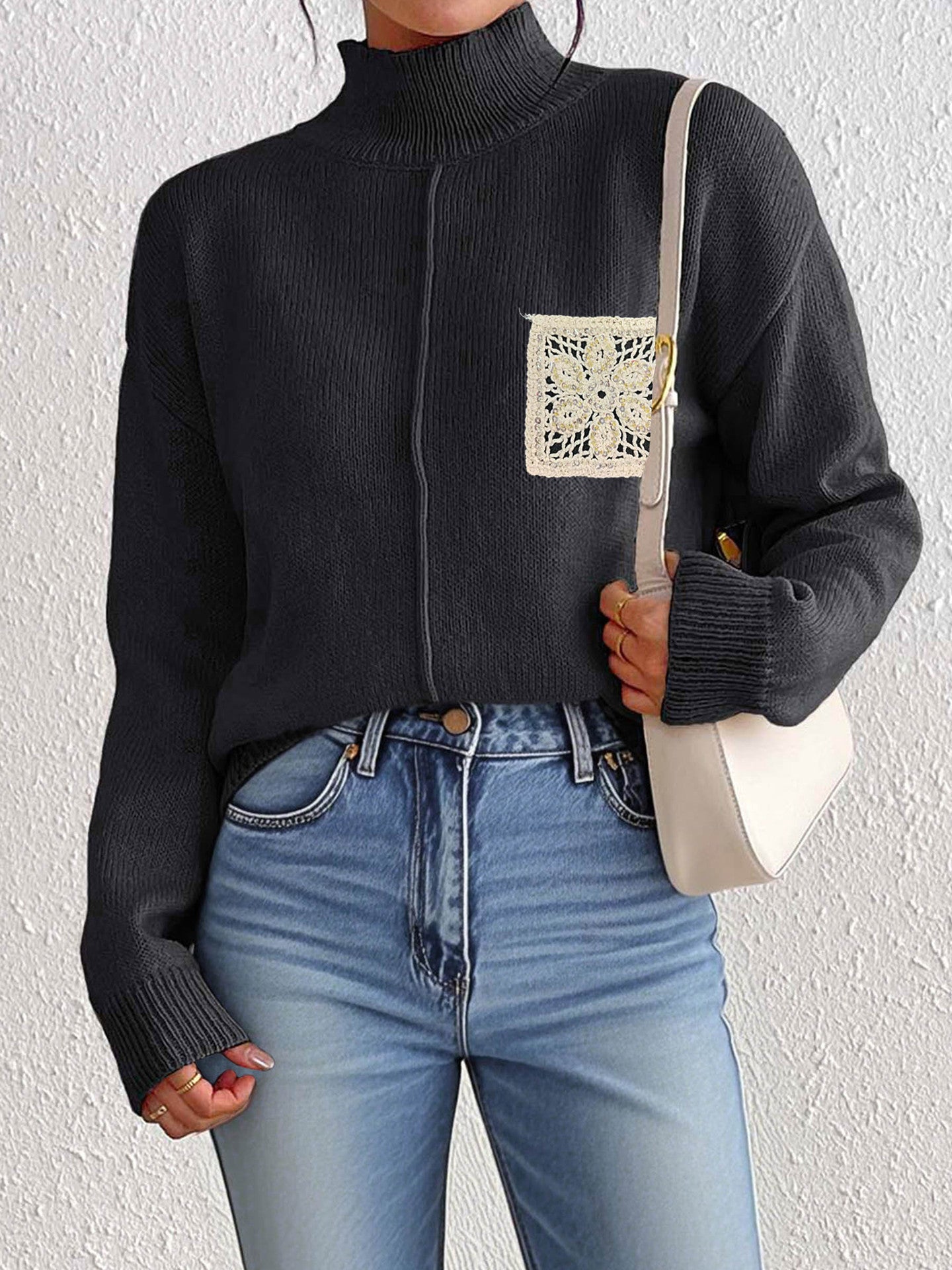 Women's Pure Color Half Collar Sequined Hollow-out Pocket Stitching Sweater