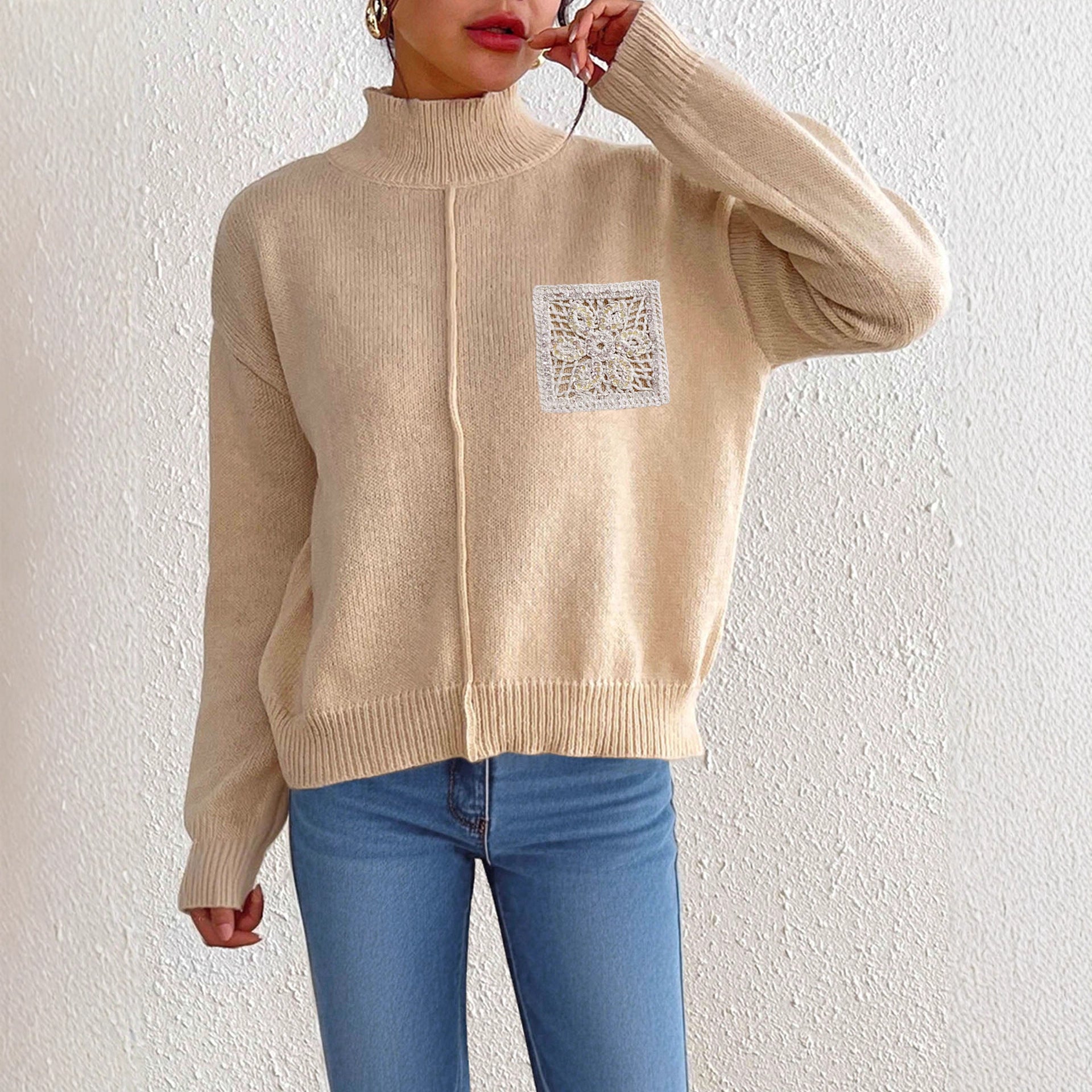 Women's Pure Color Half Collar Sequined Hollow-out Pocket Stitching Sweater