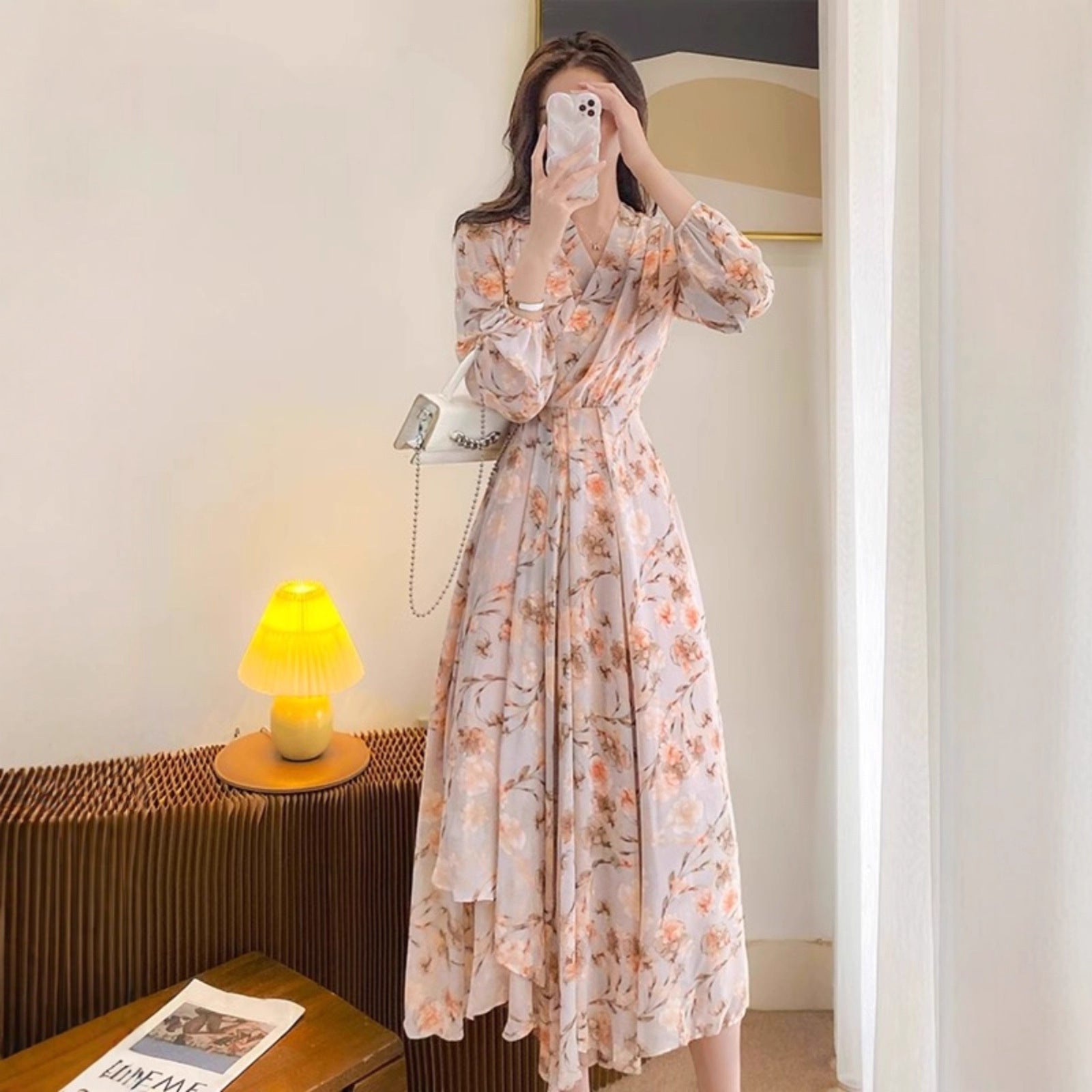 Temperament Long Sleeve V-neck French Chiffon Floral Dress